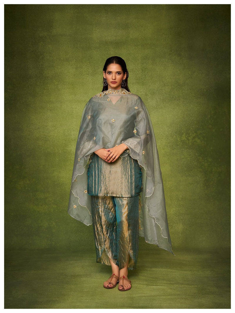 Elegant Organza Cape Style Kurta Set with Textured Palazzo for Women – Festive & Semi-Formal Ethnic Wear