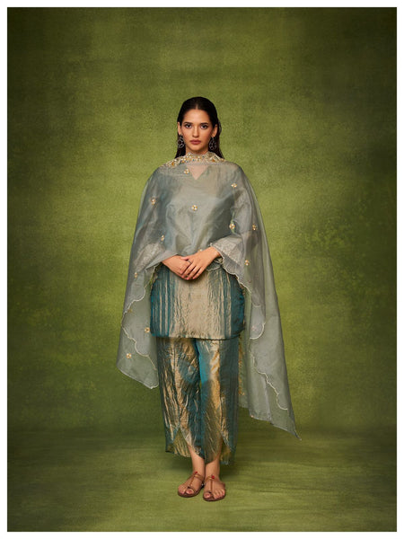 Elegant Organza Cape Style Kurta Set with Textured Palazzo for Women – Festive & Semi-Formal Ethnic Wear