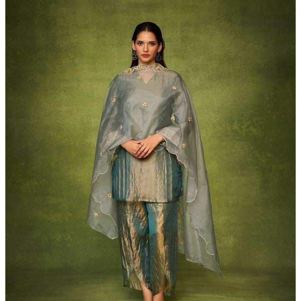 Elegant Organza Cape Style Kurta Set with Textured Palazzo for Women – Festive & Semi-Formal Ethnic Wear