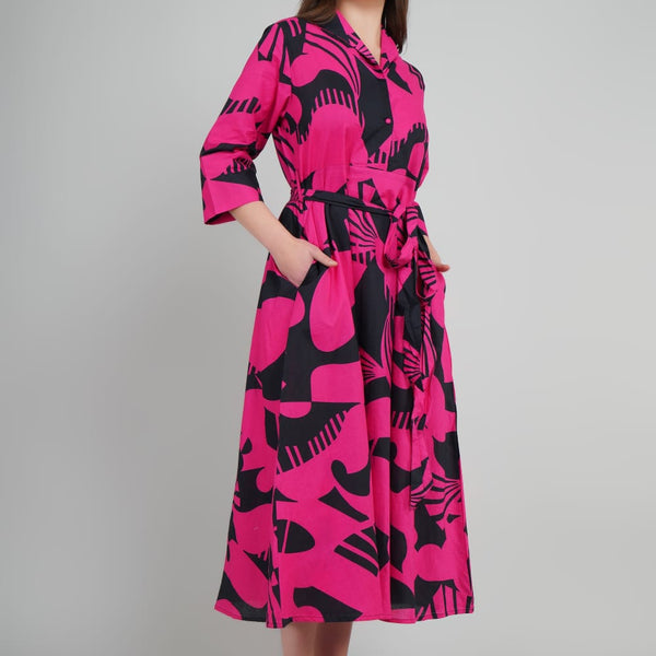 Shirt Dress Pink And black Abstract Printed For Women