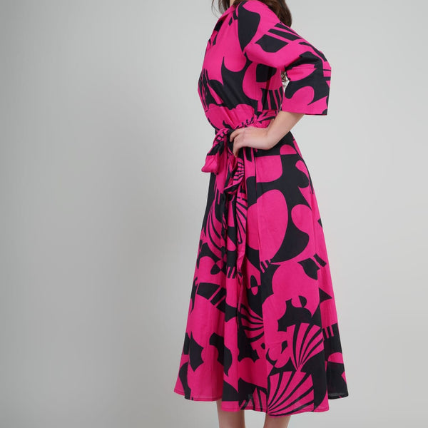 Shirt Dress Pink And black Abstract Printed For Women