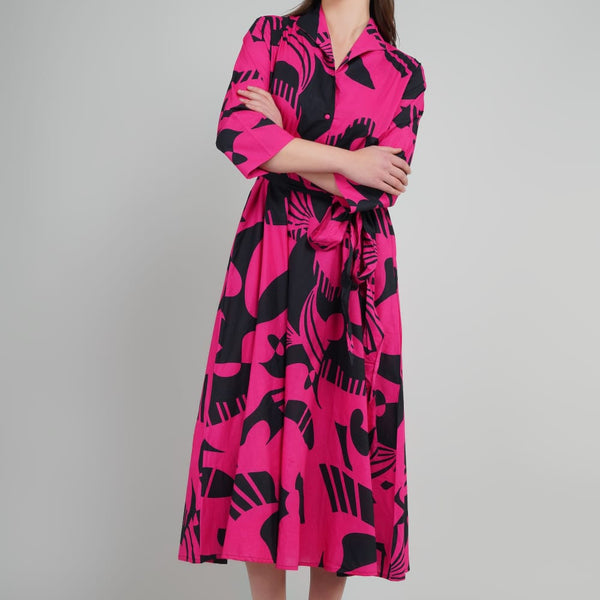 Shirt Dress Pink And black Abstract Printed For Women
