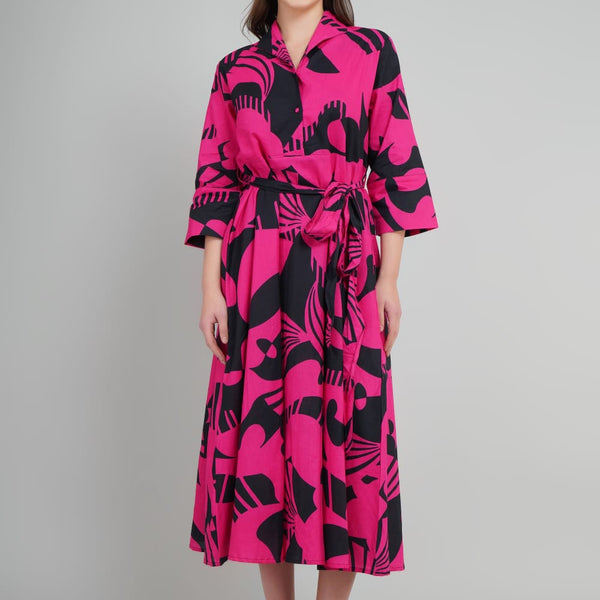 Shirt Dress Pink And black Abstract Printed For Women