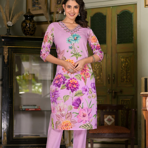Cotton suit Lavender Bloom  Kurta Set – Graceful Florals by Mulson