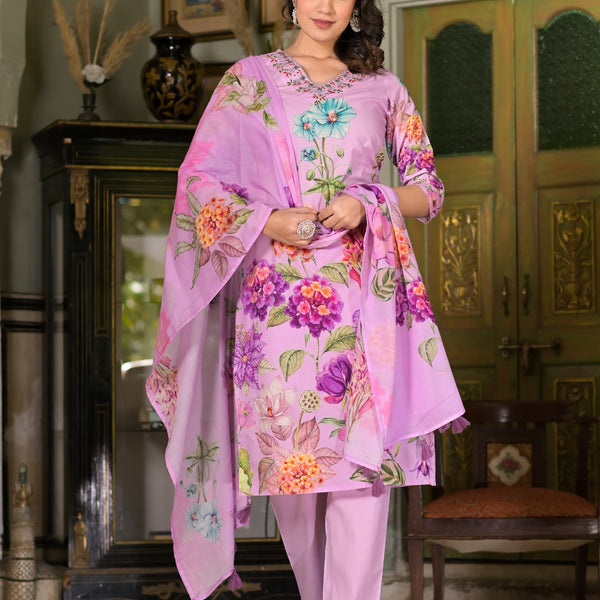Cotton suit Lavender Bloom  Kurta Set – Graceful Florals by Mulson