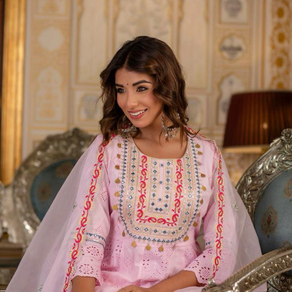 Pink Anarkali  Kurta Set Embroidered with Sheer Dupatta