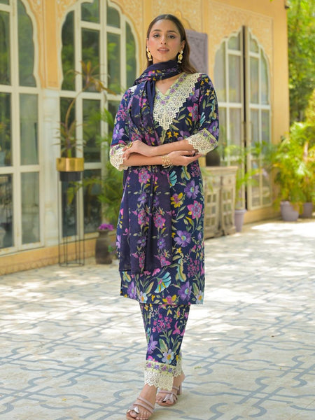 Navy Blue Floral Anarkali Kurta Set with Dupatta | Festive Ethnic Wear for Women