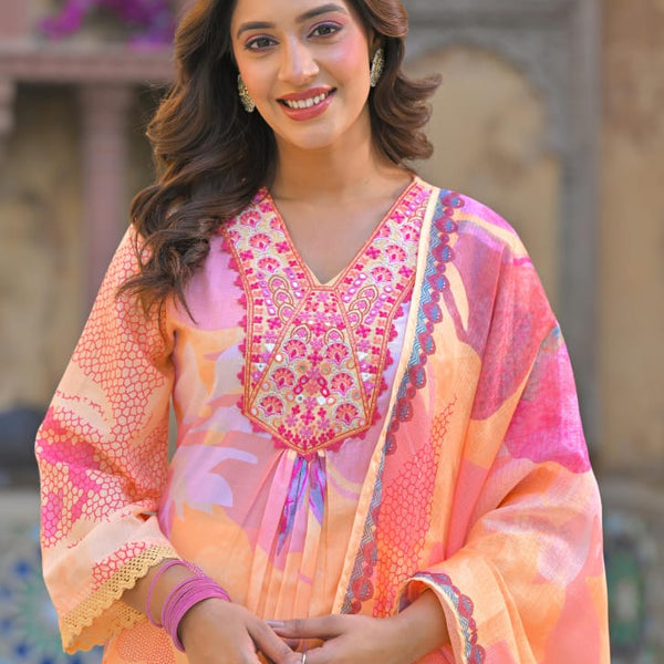 Cotton suit Peach Floral Embroidered set with Trim Lace