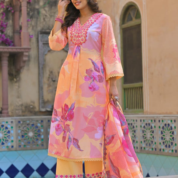 Cotton suit Peach Floral Embroidered set with Trim Lace