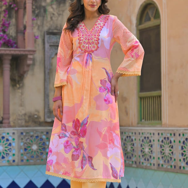 Cotton suit Peach Floral Embroidered set with Trim Lace