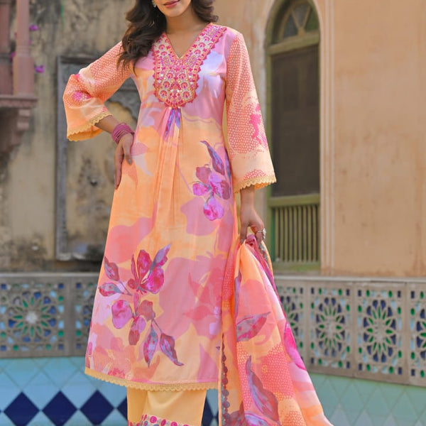 Cotton suit Peach Floral Embroidered set with Trim Lace