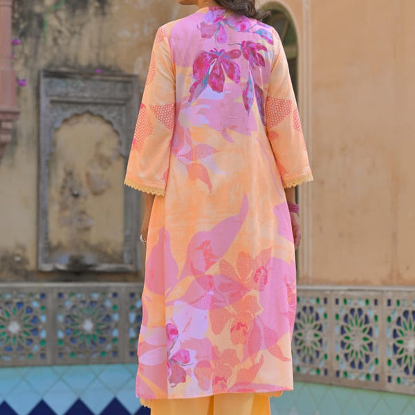 Cotton suit Peach Floral Embroidered set with Trim Lace