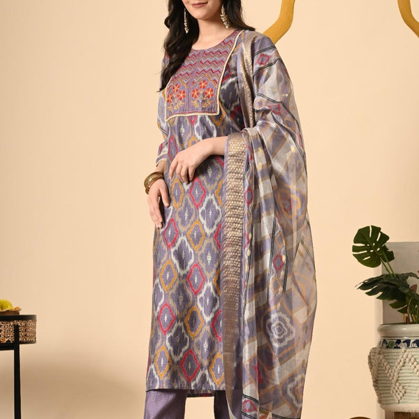 Mulson Grey Ikat Print Kurta Set with Embroidered Dupatta