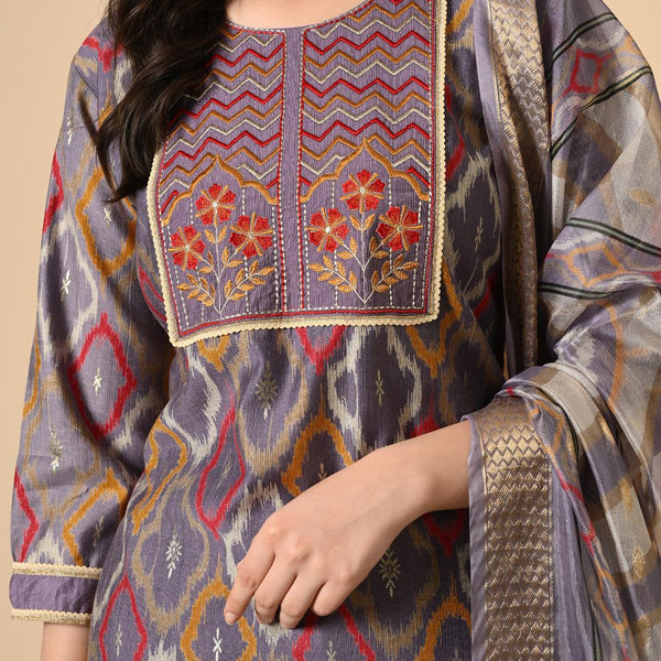 Mulson Grey Ikat Print Kurta Set with Embroidered Dupatta