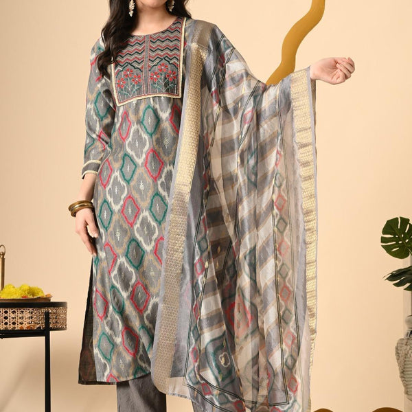 Mulson Grey Ikat Print Kurta Set with Embroidered Dupatta