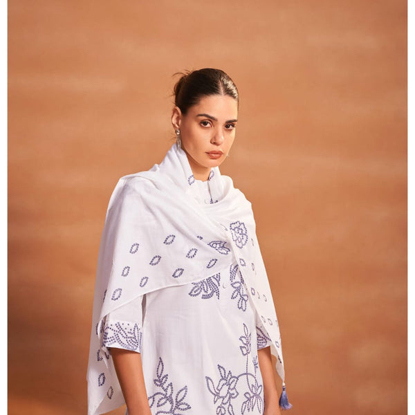 Blue and white kurti Mulson Embroidered Set