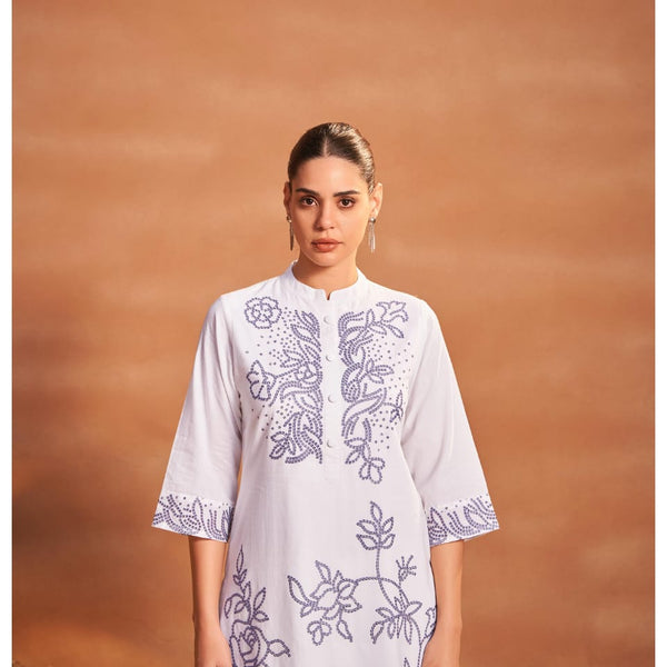Blue and white kurti Mulson Embroidered Set