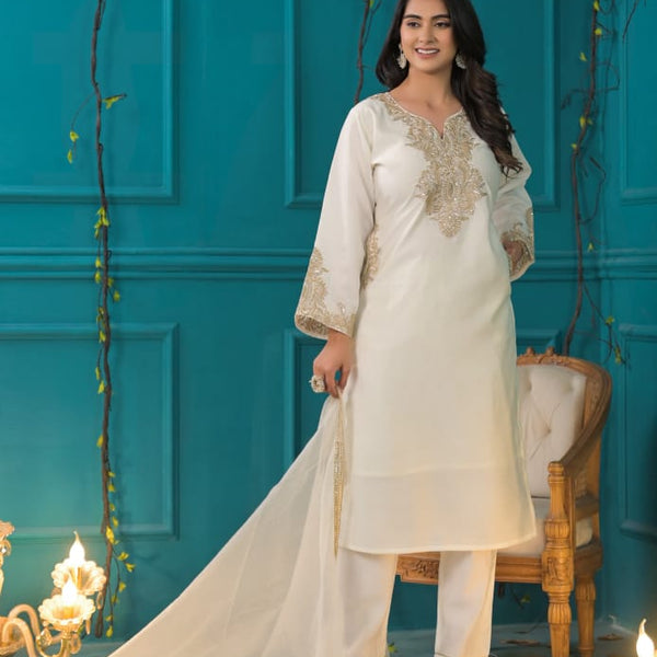 White kurta set for women- Embroidered