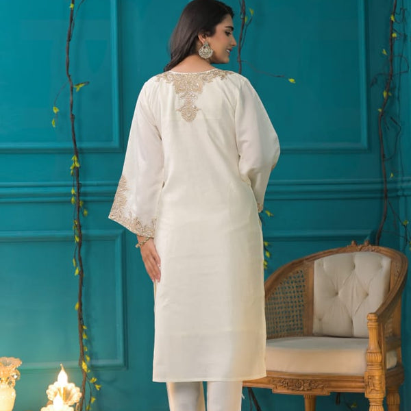 White kurta set for women- Embroidered