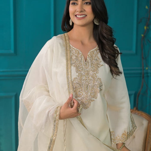 White kurta set for women- Embroidered