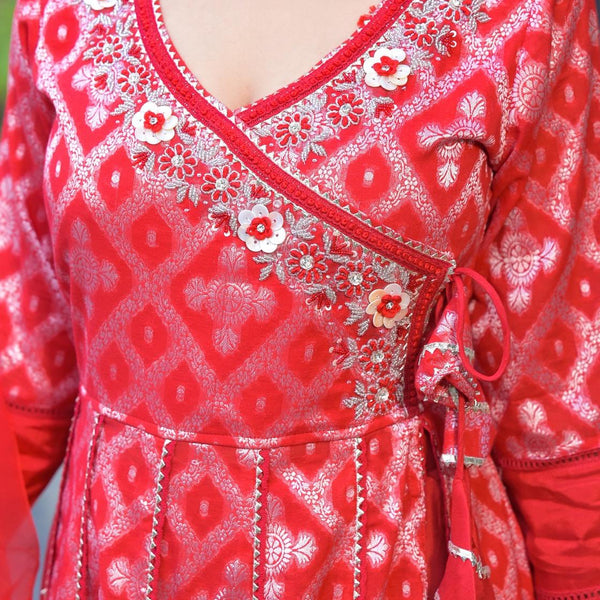 Red Ankarakali suit with Embroidered dupatta