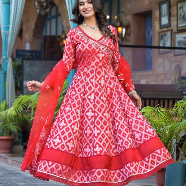 Red Ankarakali suit with Embroidered dupatta