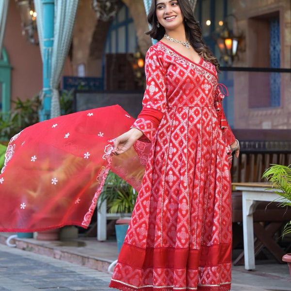Red Ankarakali suit with Embroidered dupatta