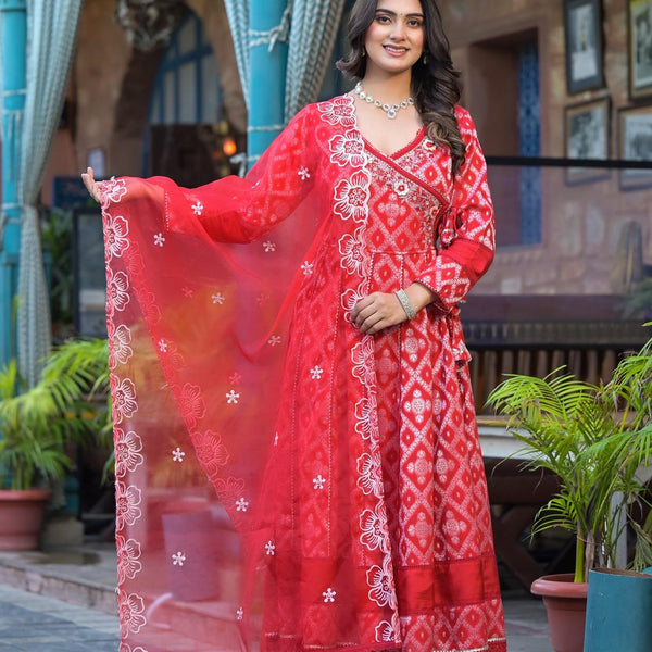 Red Ankarakali suit with Embroidered dupatta