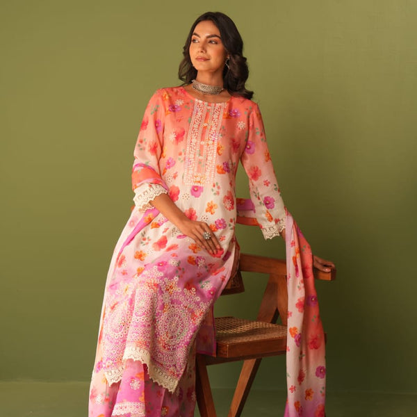 Mulson cotton sharara Peach & Pink Floral Printed Suit Set with Palazzo & Dupatta