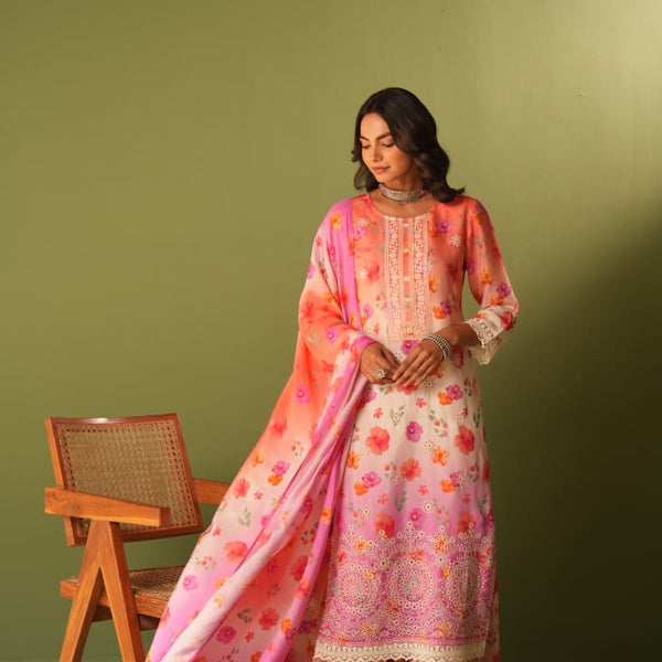 Mulson cotton sharara Peach & Pink Floral Printed Suit Set with Palazzo & Dupatta