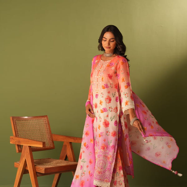 Mulson cotton sharara Peach & Pink Floral Printed Suit Set with Palazzo & Dupatta