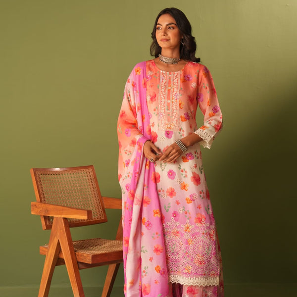 Mulson cotton sharara Peach & Pink Floral Printed Suit Set with Palazzo & Dupatta