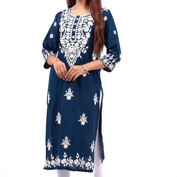 Mulson cotton chikankari suit set Mulson Navy Blue Floral Embroidered Cotton Kurta