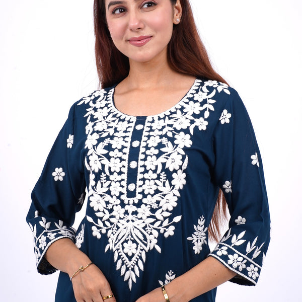 Mulson cotton chikankari suit set Mulson Navy Blue Floral Embroidered Cotton Kurta
