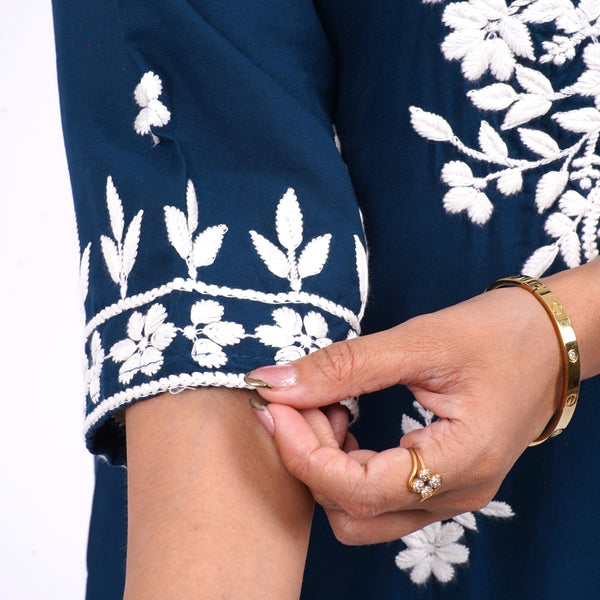 Mulson cotton chikankari suit set Mulson Navy Blue Floral Embroidered Cotton Kurta