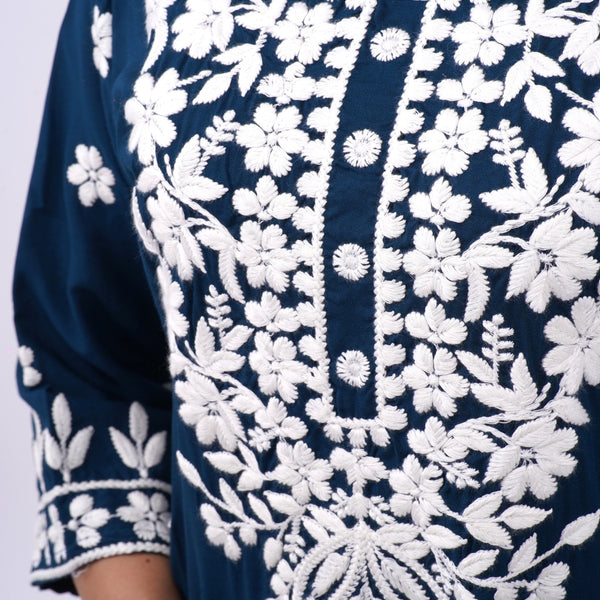 Mulson cotton chikankari suit set Mulson Navy Blue Floral Embroidered Cotton Kurta