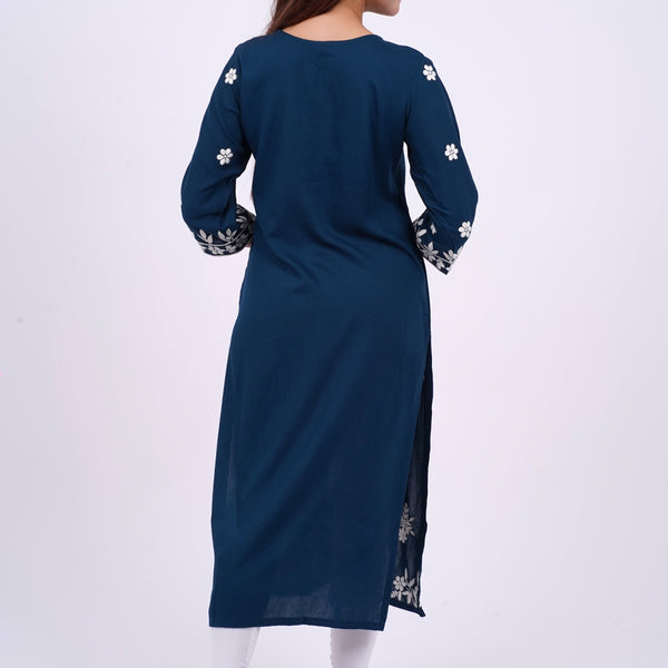 Mulson cotton chikankari suit set Mulson Navy Blue Floral Embroidered Cotton Kurta