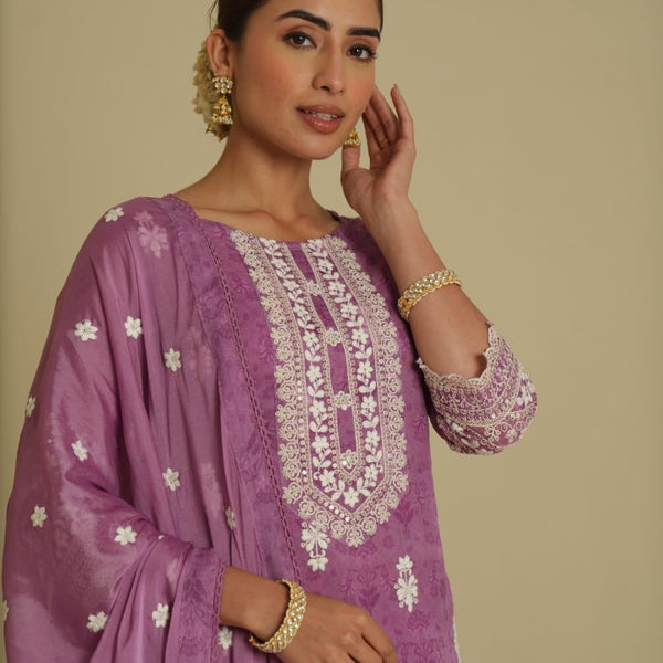 Mulson cotton embroidered suit set with dupatta