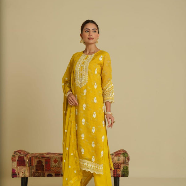 Mulson cotton embroidered suit set with dupatta