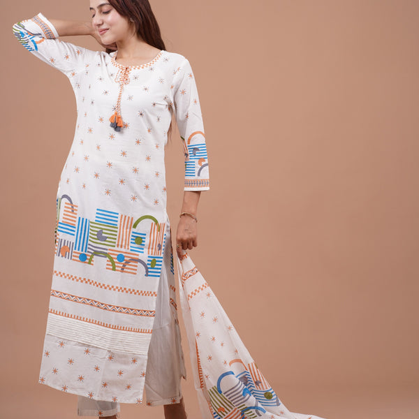 Geometric Printed Cotton Straight Kurta Set with Dupatta mulson