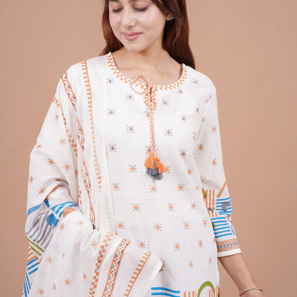 Geometric Printed Cotton Straight Kurta Set with Dupatta mulson