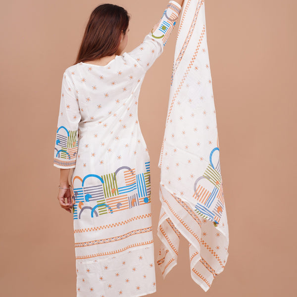 Geometric Printed Cotton Straight Kurta Set with Dupatta mulson