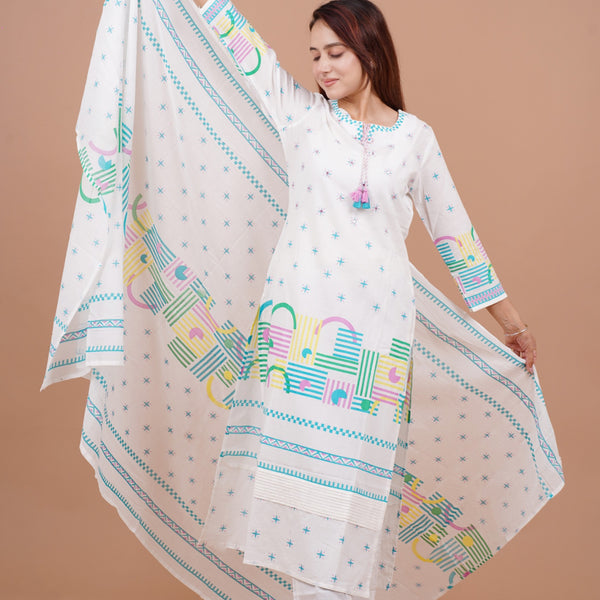 Geometric Printed Cotton Straight Kurta Set with Dupatta mulson