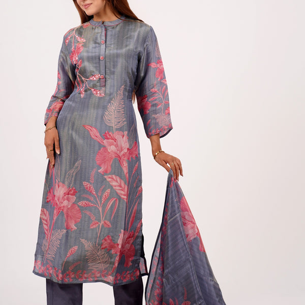 Steel Grey Floral Kurta Set with Dupatta – Mulson Designer Collection