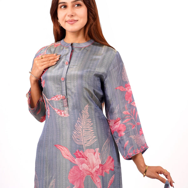 Steel Grey Floral Kurta Set with Dupatta – Mulson Designer Collection