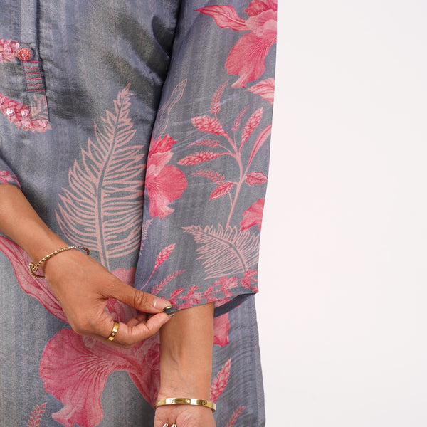 Steel Grey Floral Kurta Set with Dupatta – Mulson Designer Collection