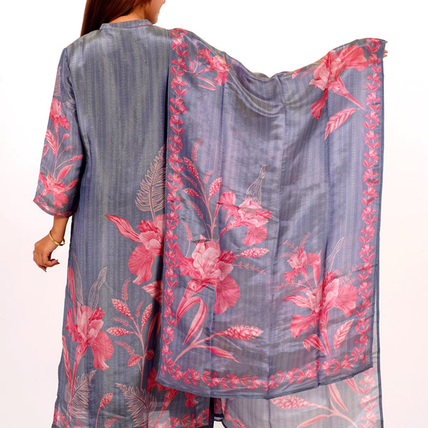 Steel Grey Floral Kurta Set with Dupatta – Mulson Designer Collection
