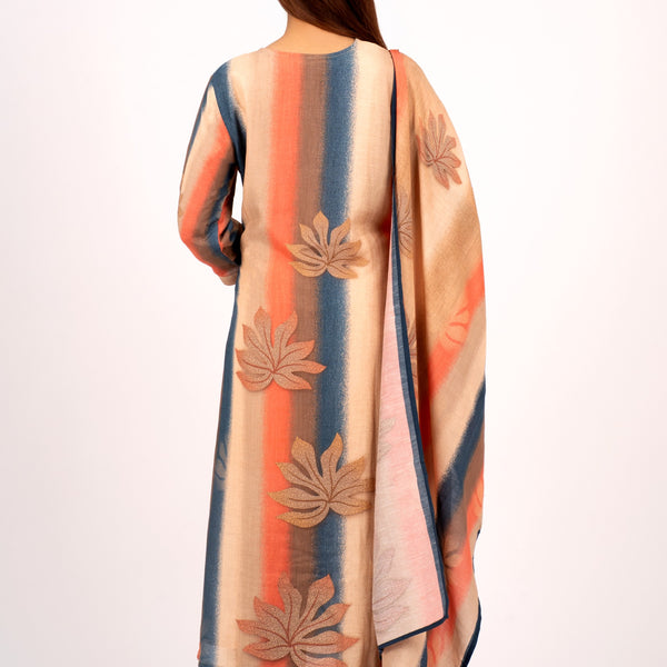 Beige Multicolor Striped Kurta Set with Embroidered Neck – Mulson