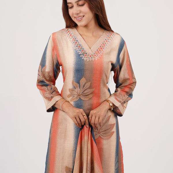 Beige Multicolor Striped Kurta Set with Embroidered Neck – Mulson