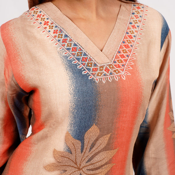Beige Multicolor Striped Kurta Set with Embroidered Neck – Mulson